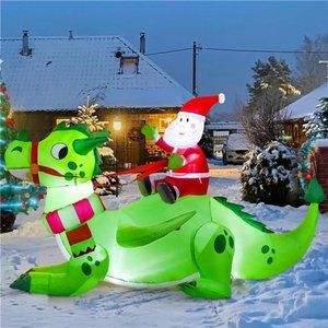 6 FT Long Christmas Santa Riding a Green Dragon Inflatable LEDs Blow Up Decor
